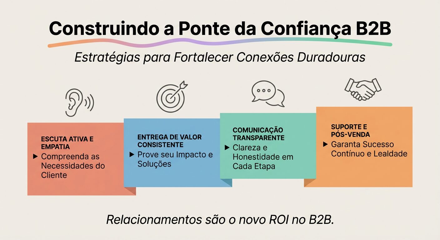 Infográfico educativo intitulado 'Construindo a Ponte da Confiança B2B', ilustrando quatro pilares essenciais para fortalecer relacionamentos duradouros no mercado B2B: Escuta Ativa e Empatia, Entrega de Valor Consistente, Comunicação Transparente e Suporte e Pós-Venda. Representado por blocos coloridos e ícones simples.