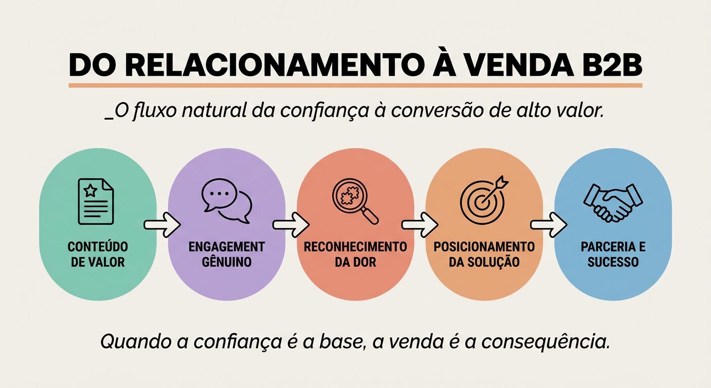 Um infográfico que ilustra o fluxo contínuo do relacionamento à venda B2B, começando com Conteúdo de Valor, passando por Engagement Genuíno, Reconhecimento da Dor e Posicionamento da Solução, culminando em Parceria e Sucesso, com a frase impactante 'Quando a confiança é a base, a venda é a consequência.'