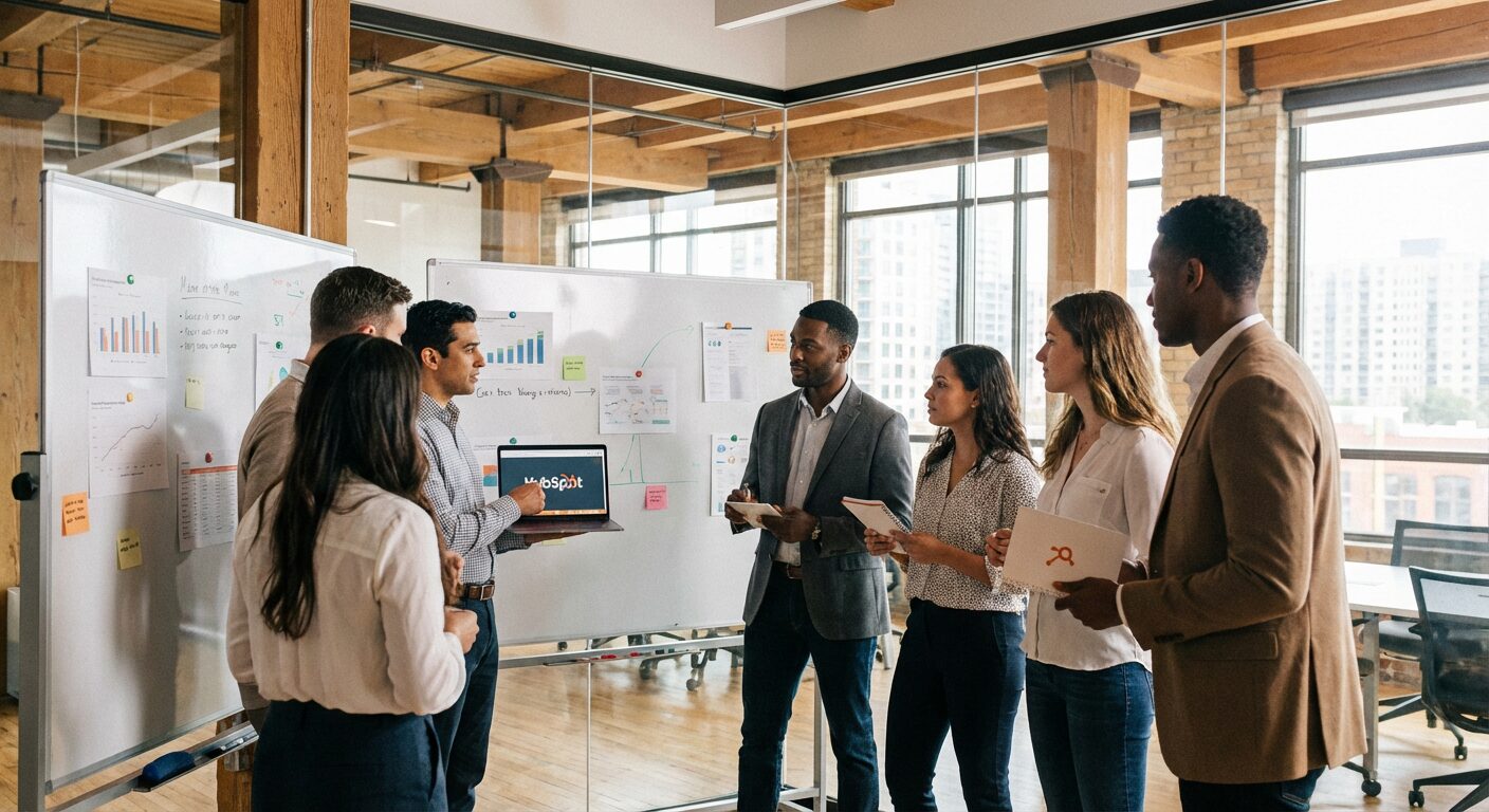 Foto editorial realista de um escritório moderno e colaborativo, com profissionais B2B engajados em uma discussão estratégica, com elementos sutis da marca HubSpot, transmitindo inovação e trabalho em equipe.