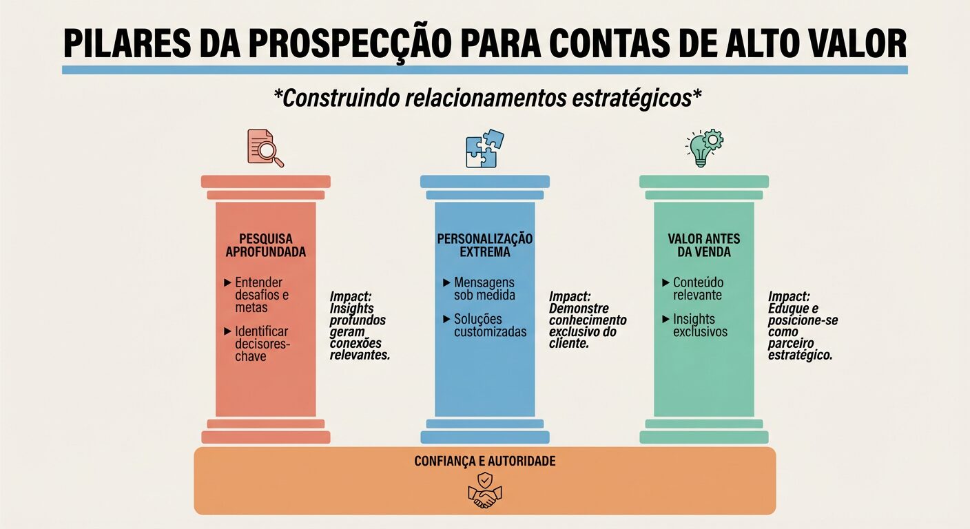 Infográfico educativo sobre "Pilares da Prospecção para Contas de Alto Valor" com o subtítulo "Construindo relacionamentos estratégicos". Três pilares coloridos representam "Pesquisa Aprofundada", "Personalização Extrema" e "Valor Antes da Venda", cada um com bullet points e ícones simples, e uma base unindo-os com o texto "Confiança e Autoridade".