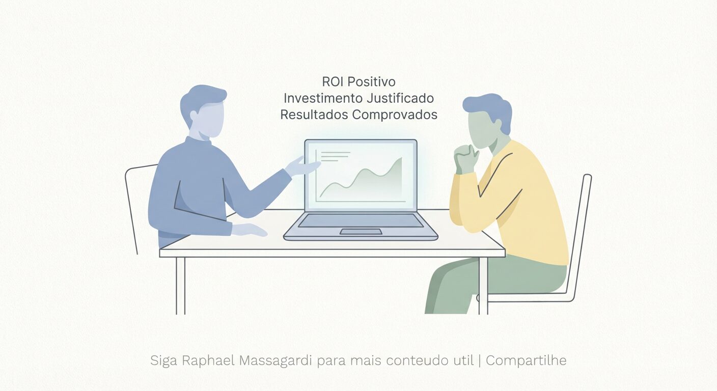 Ilustração editorial minimalista em tons pastel, mostrando duas figuras abstratas em uma mesa com um laptop. A tela do laptop exibe um gráfico positivo com os dizeres 'ROI Positivo', 'Investimento Justificado' e 'Resultados Comprovados', simbolizando a apresentação e justificação de resultados de marketing B2B.