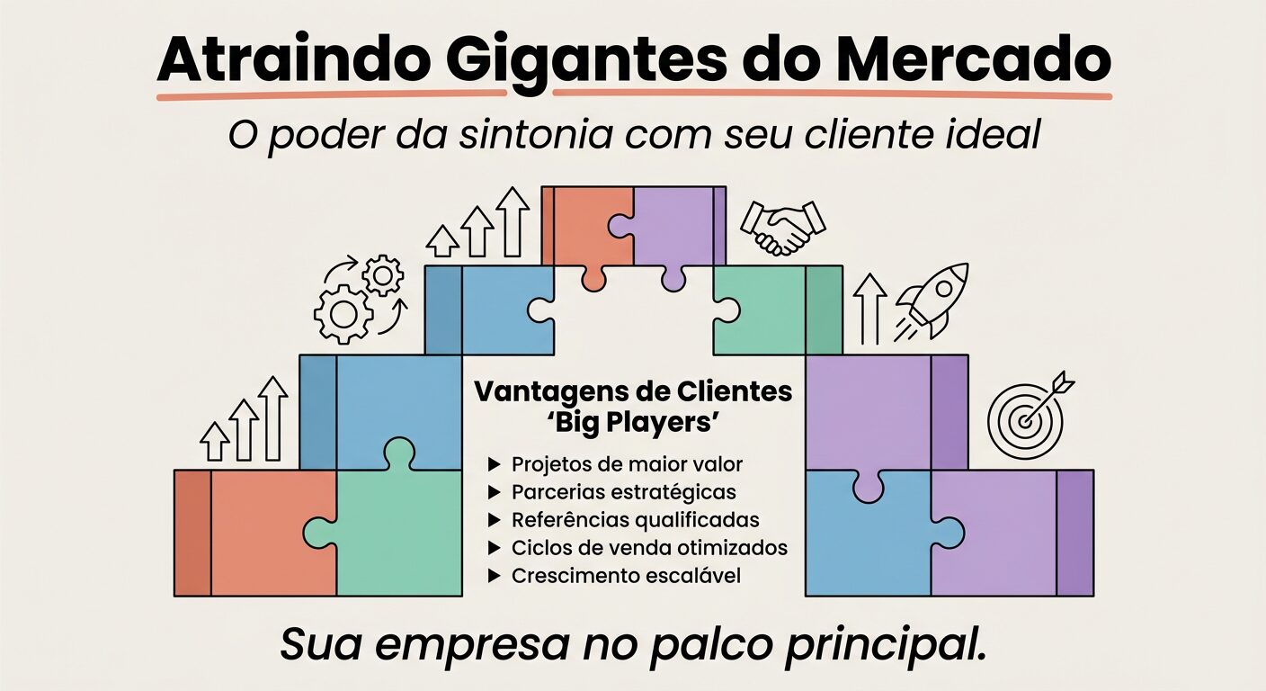 Infográfico educativo mostrando grandes blocos coloridos e interligados, simbolizando a atração de clientes de alto valor. Título: 'Atraindo Gigantes do Mercado'. Lista de vantagens como 'Projetos de maior valor' e 'Crescimento escalável'. Legenda: 'Sua empresa no palco principal.'