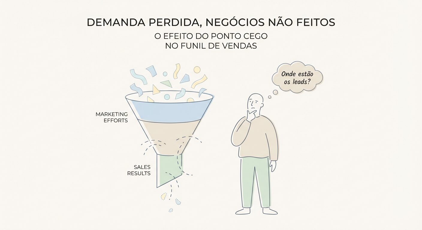 Ilustração editorial minimalista de um funil de vendas B2B com vazamentos, simbolizando a demanda perdida. Uma figura genérica perplexa observa o funil, com uma bolha de pensamento dizendo 'Onde estão os leads?'. O título é 'DEMANDA PERDIDA, NEGÓCIOS NÃO FEITOS'.