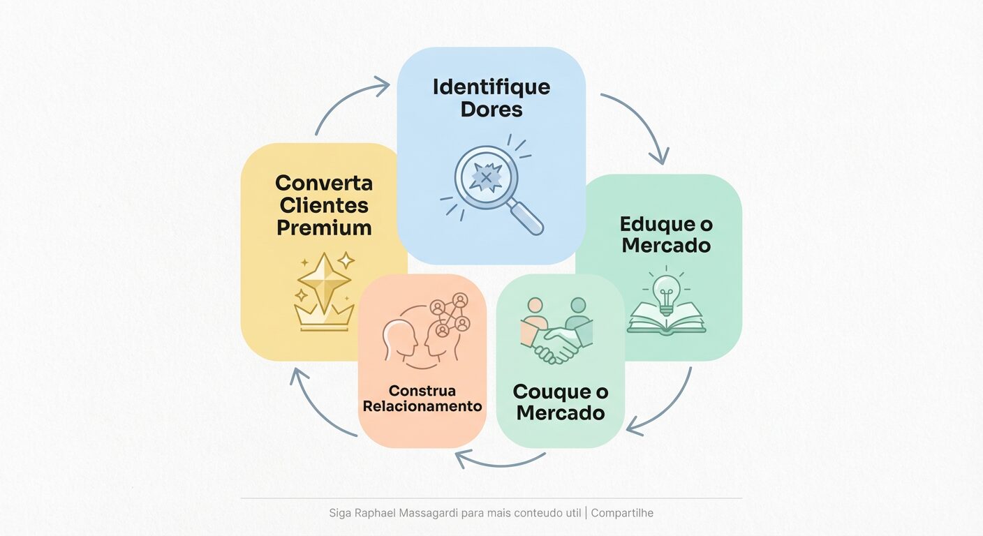 Diagrama circular minimalista em cores pastel, representando o 'Ciclo de Criação de Demanda' B2B com passos como 'Identifique Dores', 'Eduque o Mercado', 'Construa Relacionamento' e 'Converta Clientes Premium'.