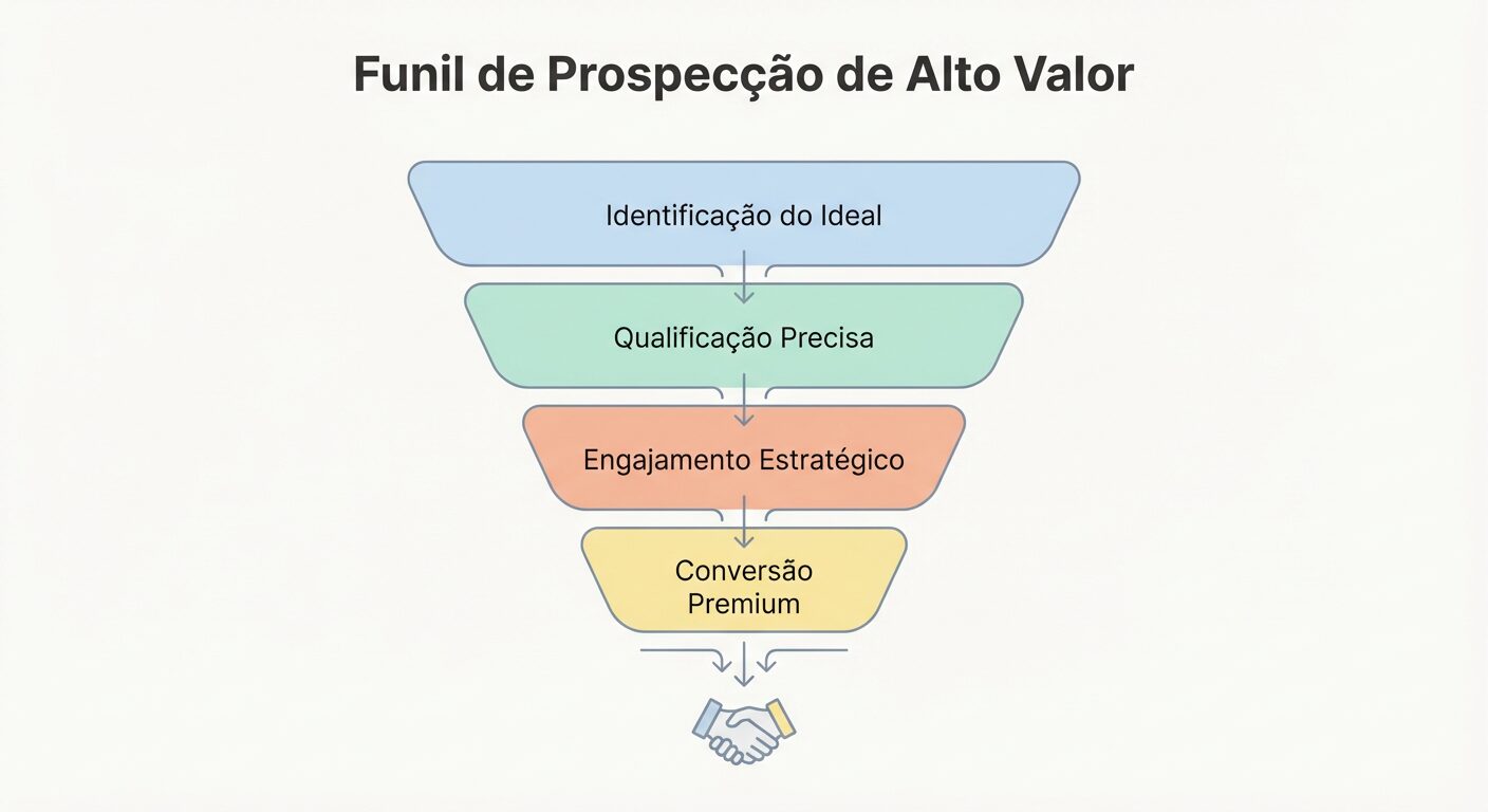 Funil de prospecção minimalista em tons pastel, com as fases 'Identificação do Ideal', 'Qualificação Precisa', 'Engajamento Estratégico' e 'Conversão Premium', representando a captação de clientes de alto valor.