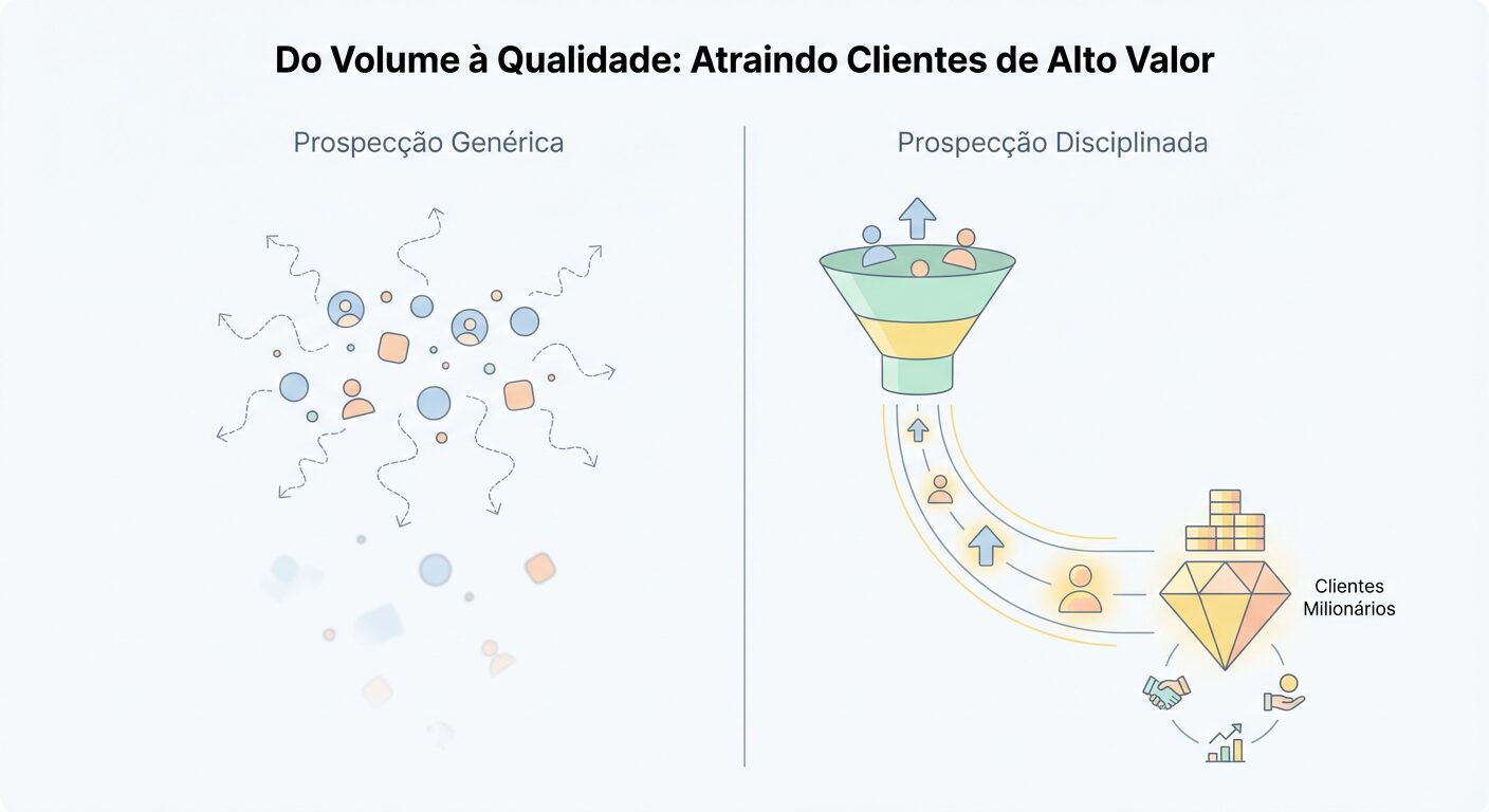 Infográfico minimalista em tons pastel comparando 'Prospecção Genérica' (poucos resultados dispersos) com 'Prospecção Disciplinada' (um caminho claro que leva a um 'Cliente Milionário'), ilustrando a atração de clientes de alto valor.