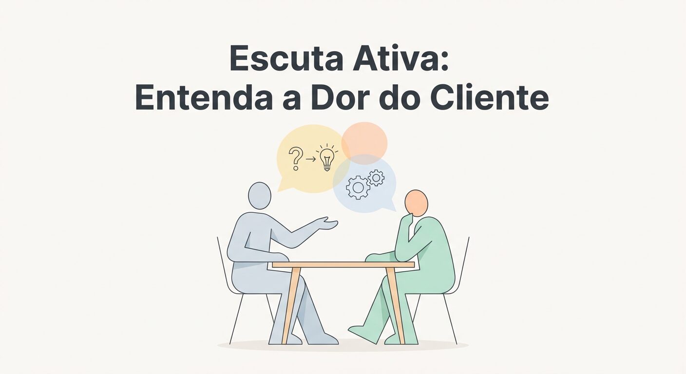 Ilustração editorial minimalista em tons pastel, mostrando duas figuras abstratas em uma mesa, simbolizando a escuta ativa e a identificação de necessidades na prospecção B2B.
