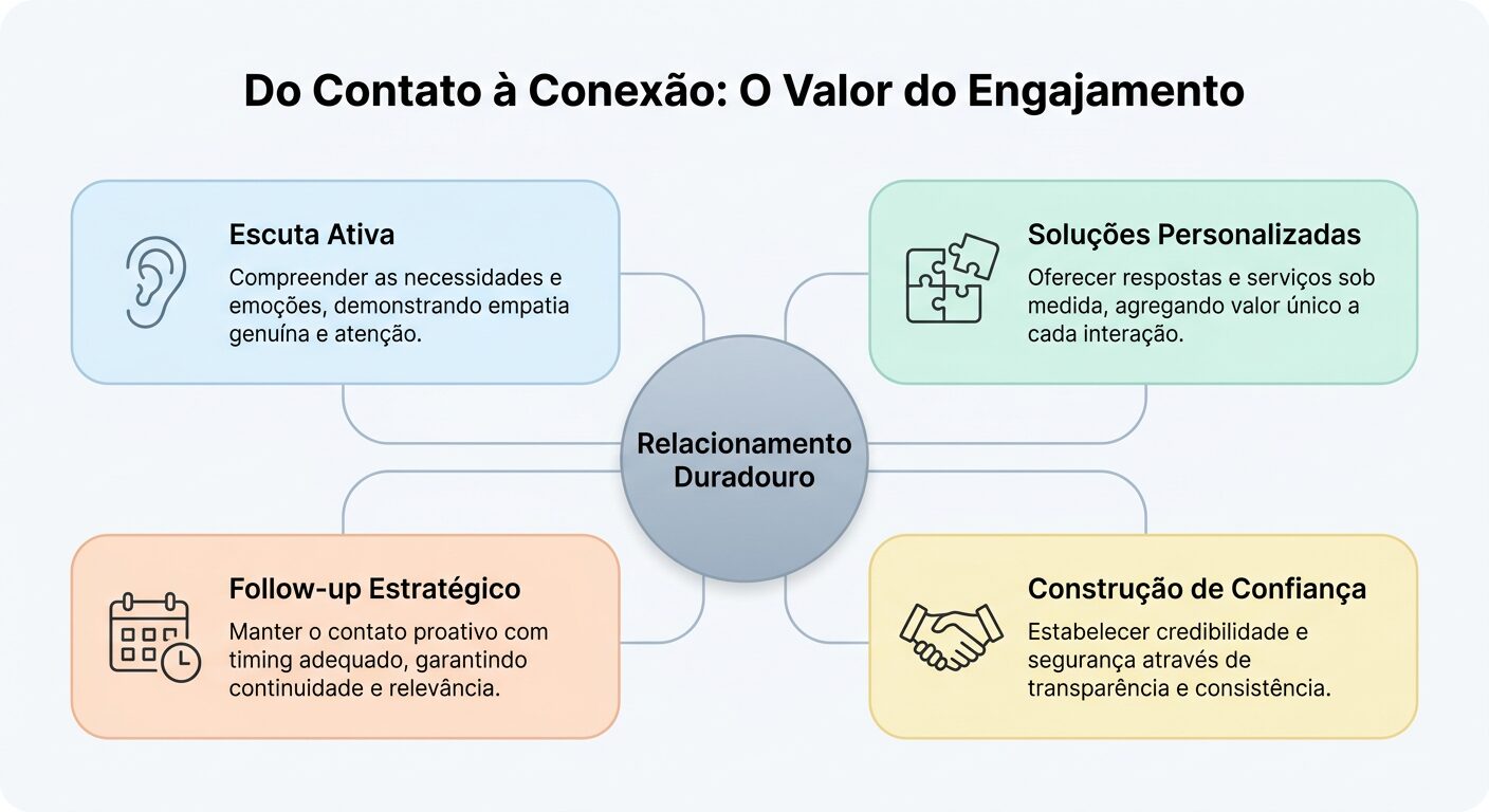 Infográfico minimalista em formato de diagrama circular intitulado "Do Contato à Conexão: O Valor do Engajamento", destacando elementos como escuta ativa, soluções personalizadas e construção de confiança, representados por ícones e cards em uma paleta de cores pastel.