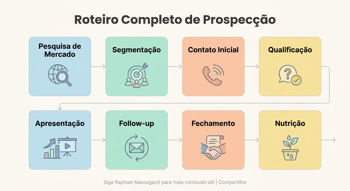 Infográfico minimalista em tons pastel, apresentando um roteiro completo de prospecção B2B com 6 a 8 cards arredondados e interconectados, cada um com uma etapa e um ícone simples.