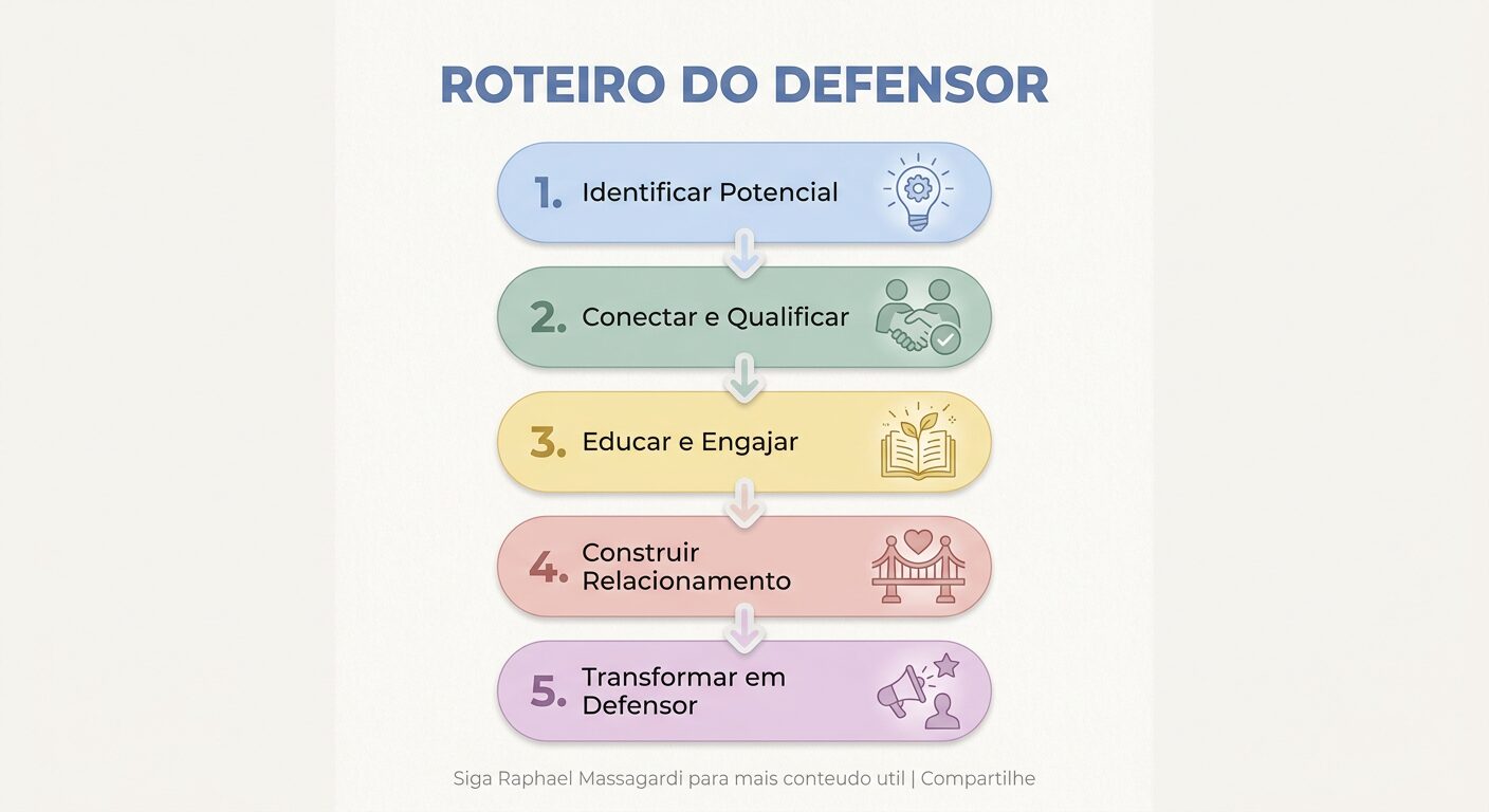 Infográfico minimalista com o título 'Roteiro do Defensor'. Um fluxo linear de cinco passos numerados com ícones e textos em tons pastel: 'Identificar Potencial', 'Conectar e Qualificar', 'Educar e Engajar', 'Construir Relacionamento' e 'Transformar em Defensor'. Fundo off-white com rodapé discreto.