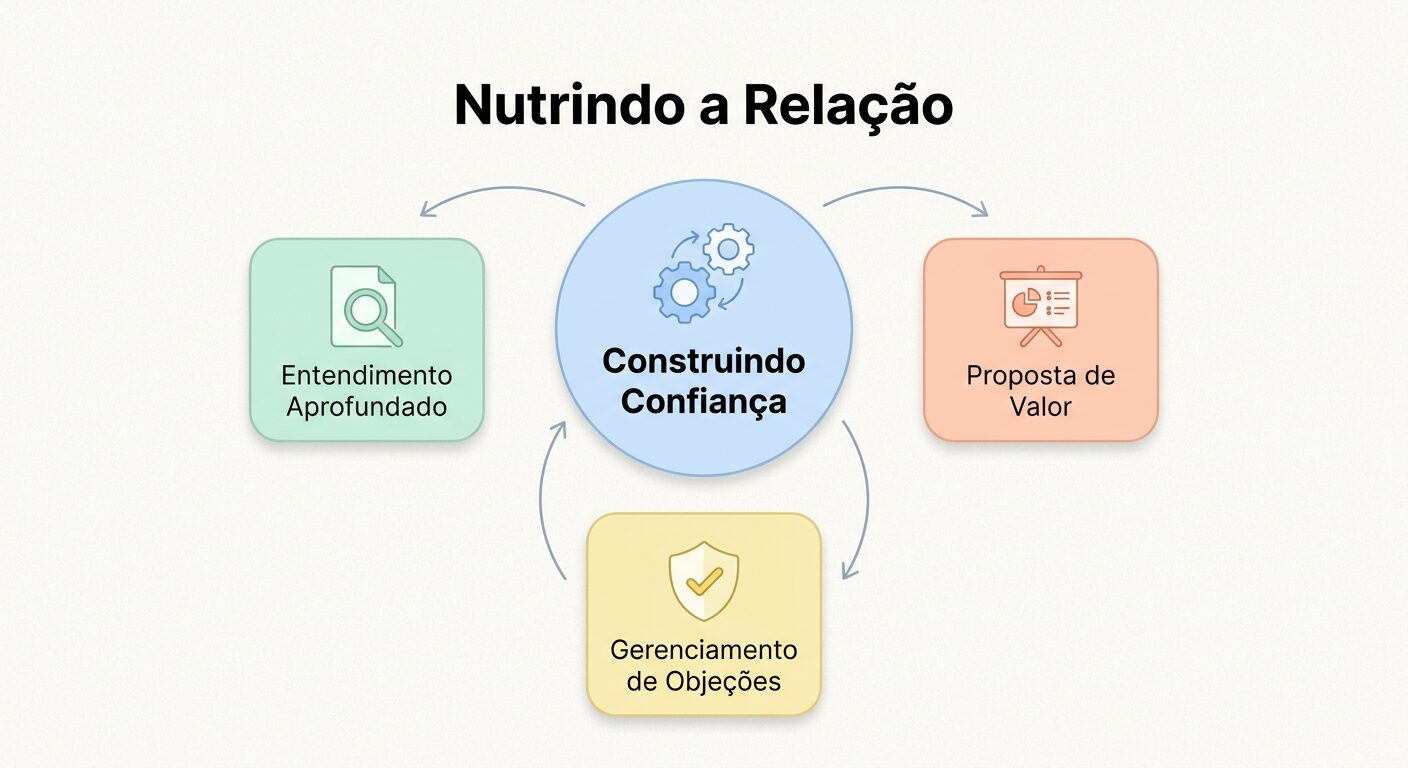 Infográfico minimalista em tons pastel ilustrando o processo de nutrir relações em vendas B2B, com um elemento central 'Construindo Confiança' e etapas como 'Entendimento Aprofundado' e 'Proposta de Valor' ao redor.