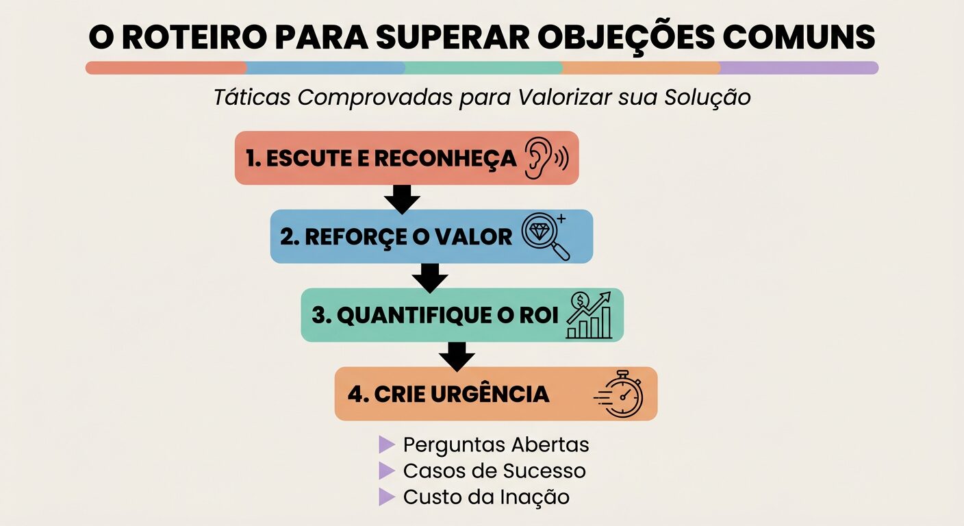 Infográfico educativo intitulado "O Roteiro para Superar Objeções Comuns", apresentando um fluxo de trabalho com quatro etapas principais: Escutar e Reconhecer, Reforçar o Valor, Quantificar o ROI e Criar Urgência, para lidar eficazmente com objeções de preço em vendas B2B.