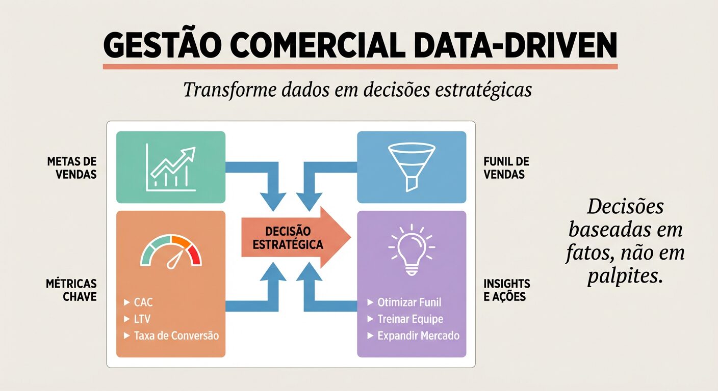 Infográfico sobre Gestão Comercial Data-Driven. Apresenta um painel visual com quatro seções coloridas: Metas de Vendas (verde-água), Funil de Vendas (azul), Métricas Chave (laranja) e Insights e Ações (lilás). Setas indicam o fluxo de dados para uma decisão estratégica, com a frase 'Decisões baseadas em fatos, não em palpites'.