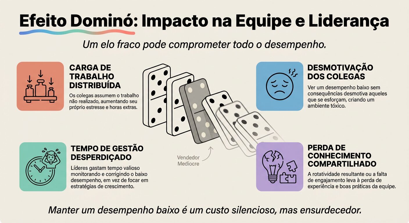 Infográfico educacional em off-white com o título 'Efeito Dominó: Impacto na Equipe e Liderança'. Uma sequência de dominós caindo ilustra como um vendedor medíocre afeta a equipe, com blocos coloridos representando 'Carga de Trabalho Distribuída', 'Desmotivação dos Colegas', 'Tempo de Gestão Desperdiçado' e 'Perda de Conhecimento Compartilhado', cada um com um ícone simples e texto em português.
