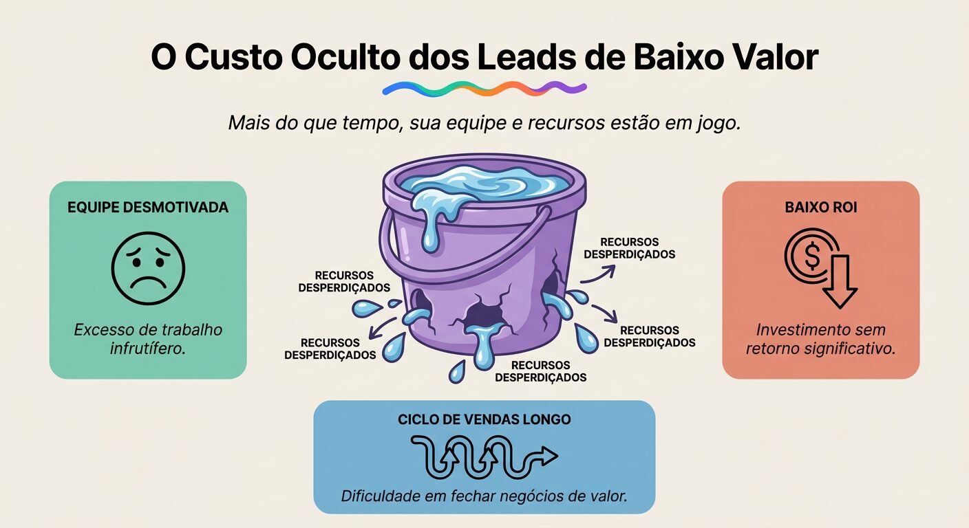 Infográfico educativo intitulado 'O Custo Oculto dos Leads de Baixo Valor', ilustrado por um balde roxo vazando (simbolizando recursos desperdiçados) e acompanhado por blocos informativos nas cores verde-água, salmão e azul, detalhando os impactos de 'Equipe Desmotivada', 'Baixo ROI' e 'Ciclo de Vendas Longo'.