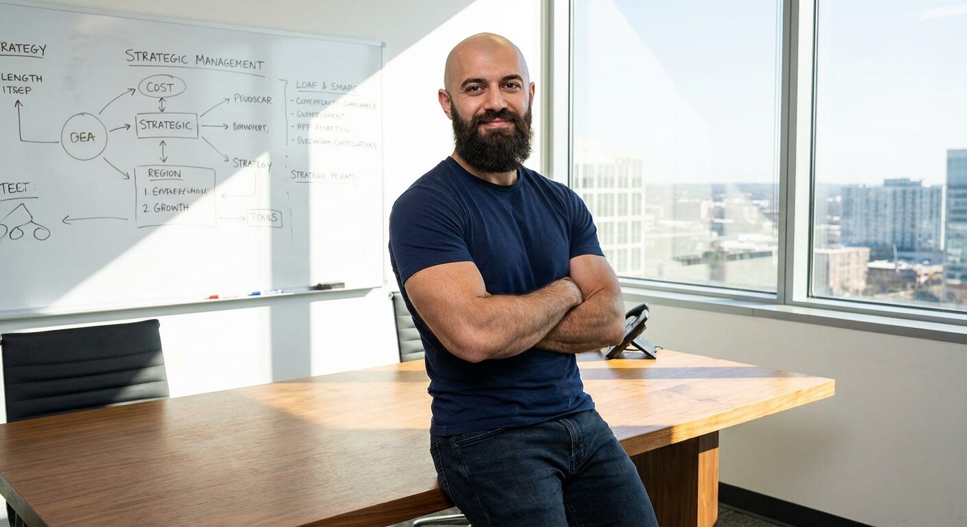 Foto realista de Alex Hormozi, empreendedor e autor, conhecido por suas estratégias de negócios de alto valor, ideal para um artigo sobre geração de demanda B2B.