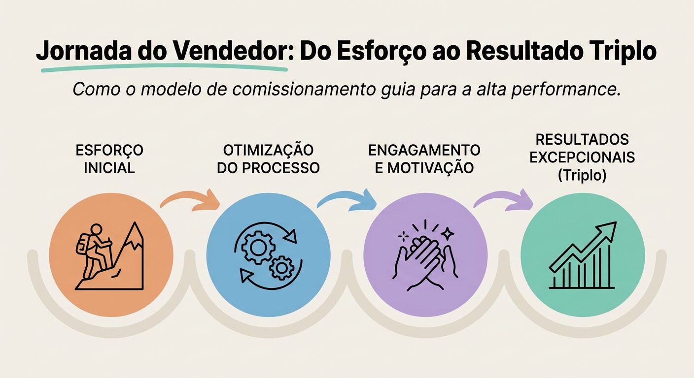 Infográfico de fluxo mostrando a 'Jornada do Vendedor' com círculos coloridos que representam 'ESFORÇO INICIAL', 'OTIMIZAÇÃO DO PROCESSO', 'ENGAGAMENTO E MOTIVAÇÃO' e 'RESULTADOS EXCEPCIONAIS (Triplo)'. O título é 'Jornada do Vendedor: Do Esforço ao Resultado Triplo'.