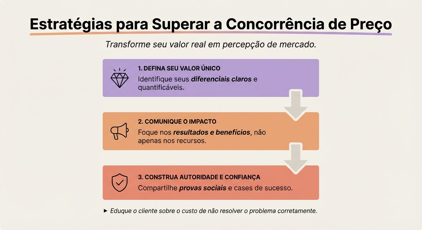 Infográfico educativo com três blocos verticais interligados por setas, representando as estratégias para superar a concorrência de preço: '1. Defina seu Valor Único', '2. Comunique o Impacto' e '3. Construa Autoridade e Confiança', com ícones e frases de apoio para cada etapa.