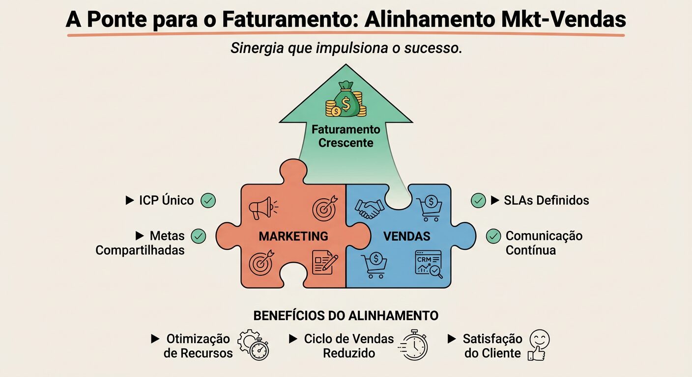 Infográfico educativo mostrando duas engrenagens (uma de Marketing e outra de Vendas) perfeitamente encaixadas, simbolizando o alinhamento estratégico. Acima, uma seta indica 'Faturamento Crescente'. Pontos chaves como 'ICP Único' e 'Metas Compartilhadas' são listados. O título é 'A Ponte para o Faturamento: Alinhamento Mkt-Vendas'.