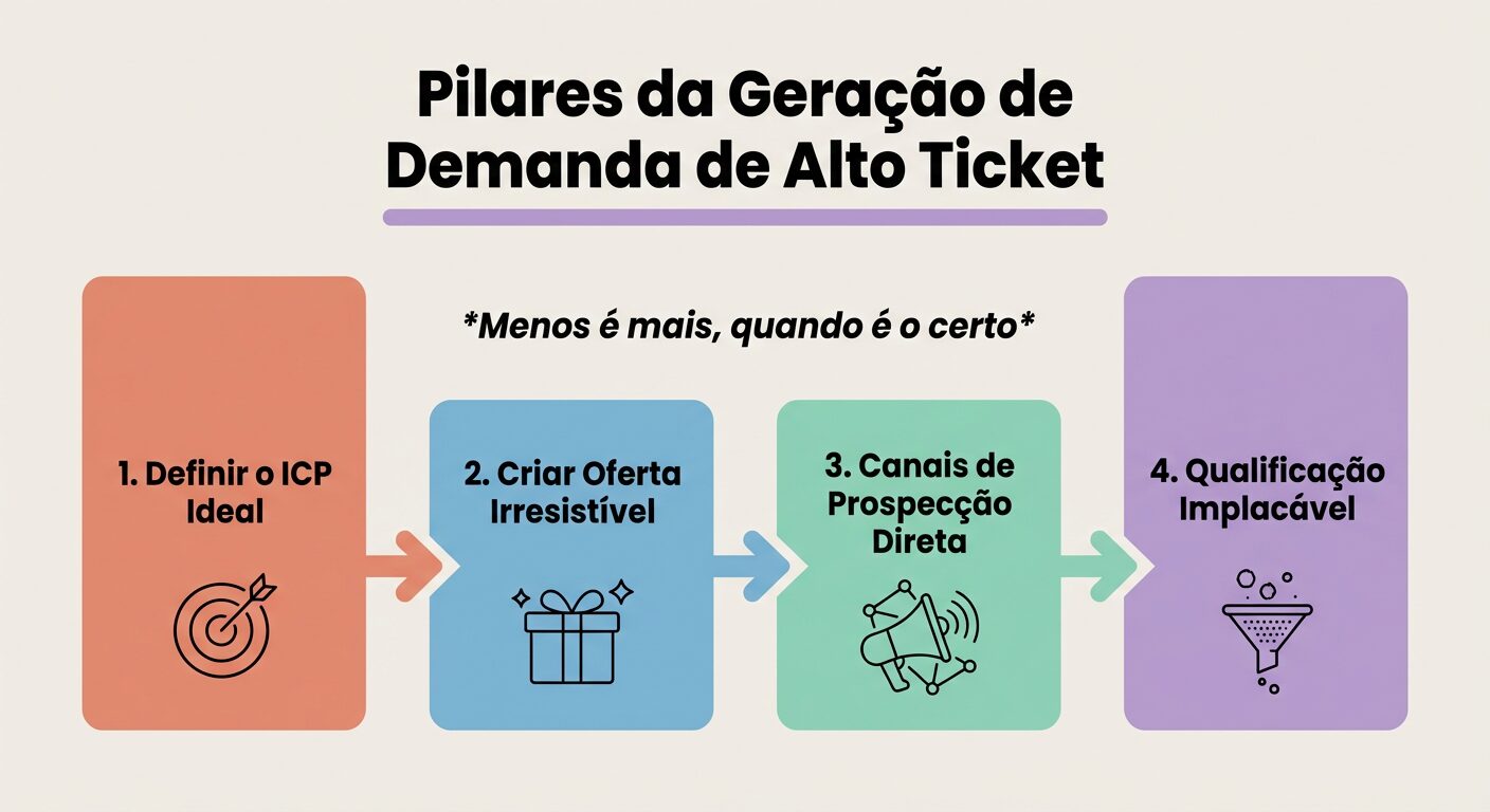 Infográfico apresentando os quatro pilares essenciais para a geração de demanda de alto ticket: 'Definir o ICP Ideal', 'Criar Oferta Irresistível', 'Canais de Prospecção Direta' e 'Qualificação Implacável'. O título é 'Pilares da Geração de Demanda de Alto Ticket'.