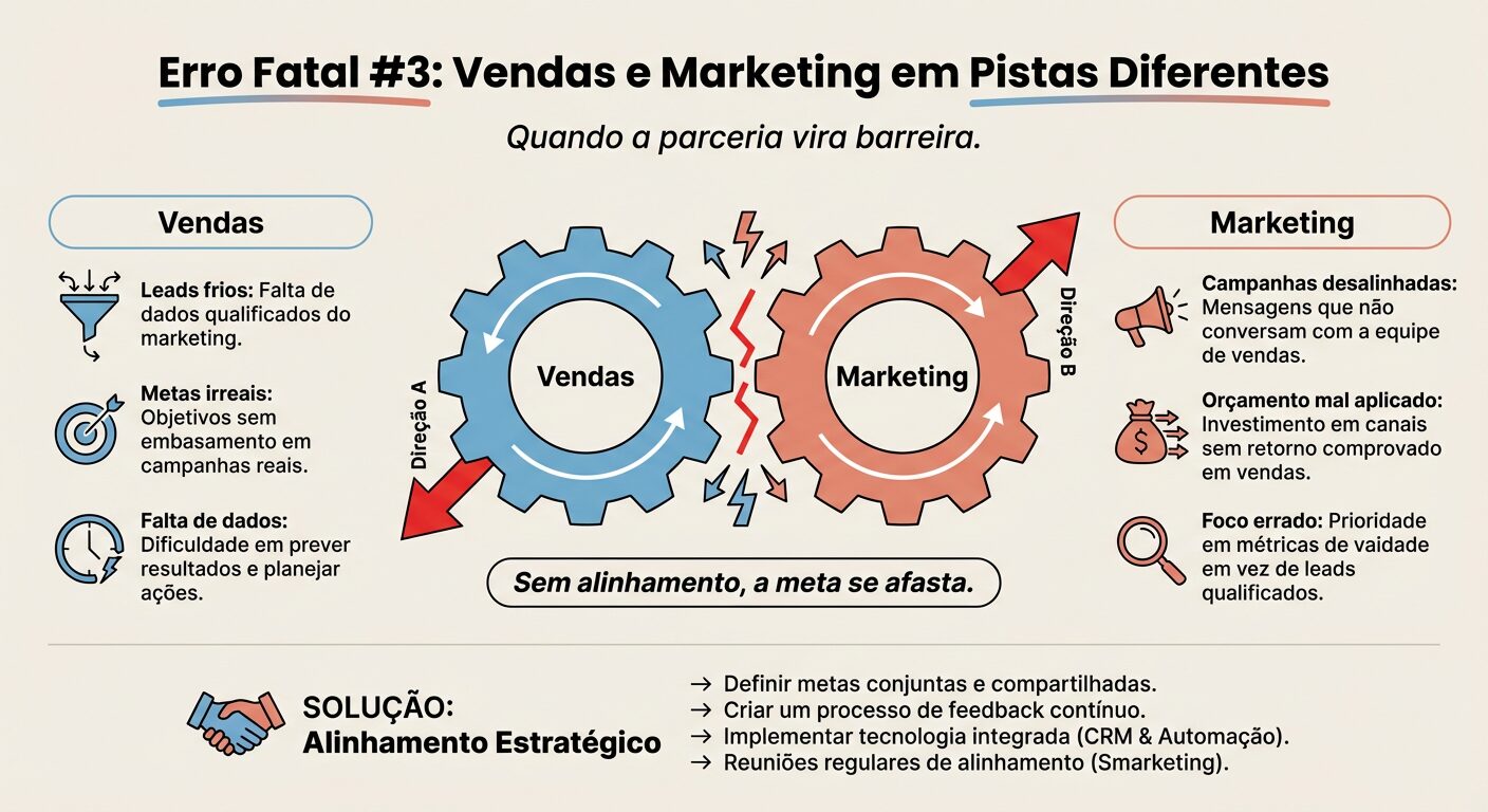 Infográfico sobre o 'Erro Fatal #3: Vendas e Marketing em Pistas Diferentes', mostrando duas engrenagens desalinhadas e girando em direções opostas, representando a falta de alinhamento entre as equipes de vendas e marketing.