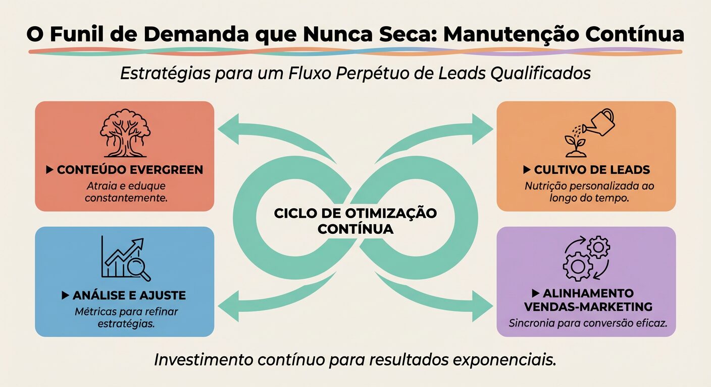 Infográfico ilustrando um ciclo de otimização contínua para um funil de demanda B2B que nunca seca, com componentes como Conteúdo Evergreen, Análise e Ajuste, Cultivo de Leads e Alinhamento Vendas-Marketing.