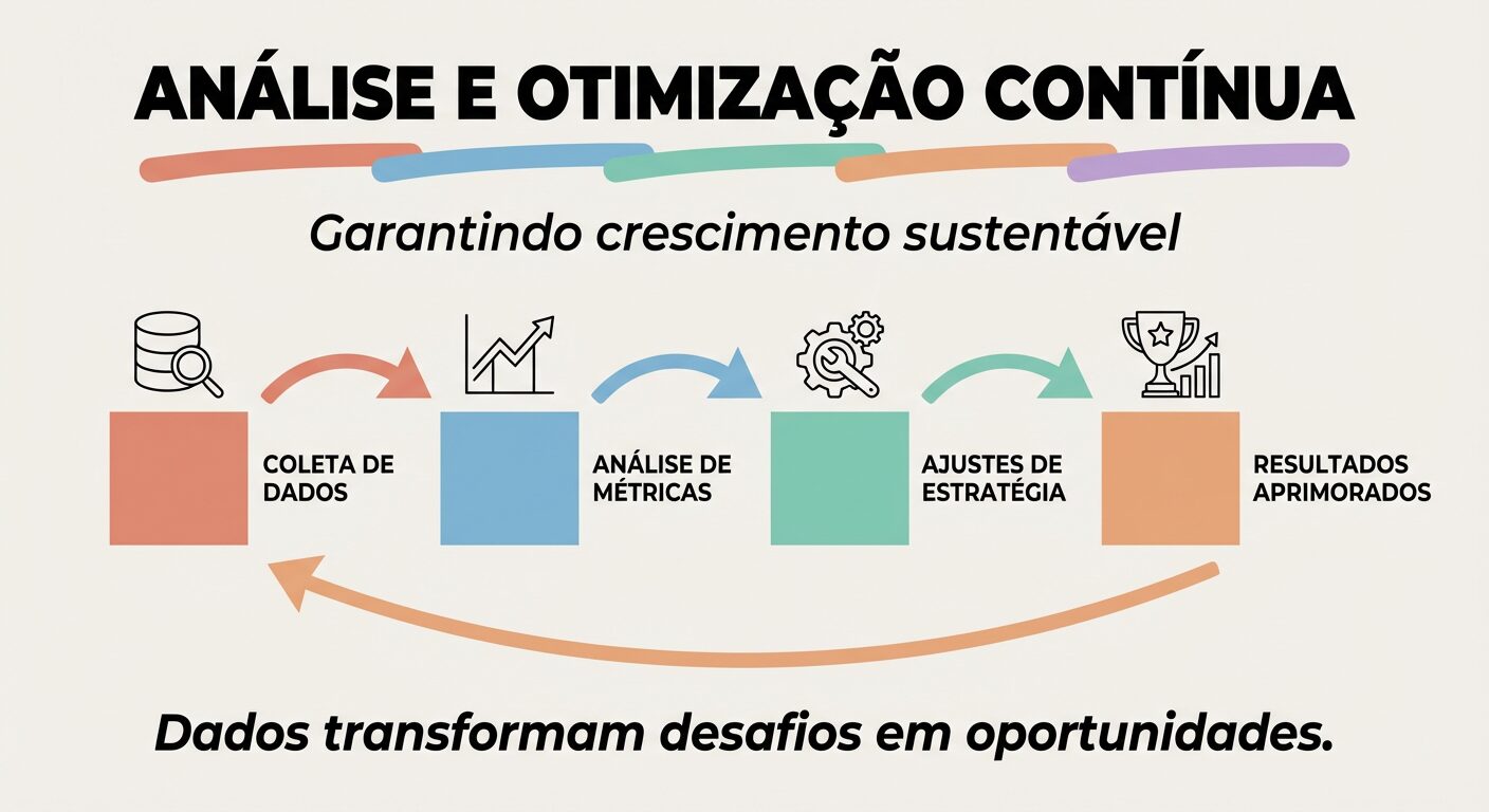 Infográfico educativo sobre análise e otimização contínua na gestão comercial B2B, apresentando um ciclo de coleta de dados, análise de métricas, ajustes de estratégia e resultados aprimorados, com ícones para cada etapa. No rodapé, a frase 'Dados transformam desafios em oportunidades.' com fundo off-white.