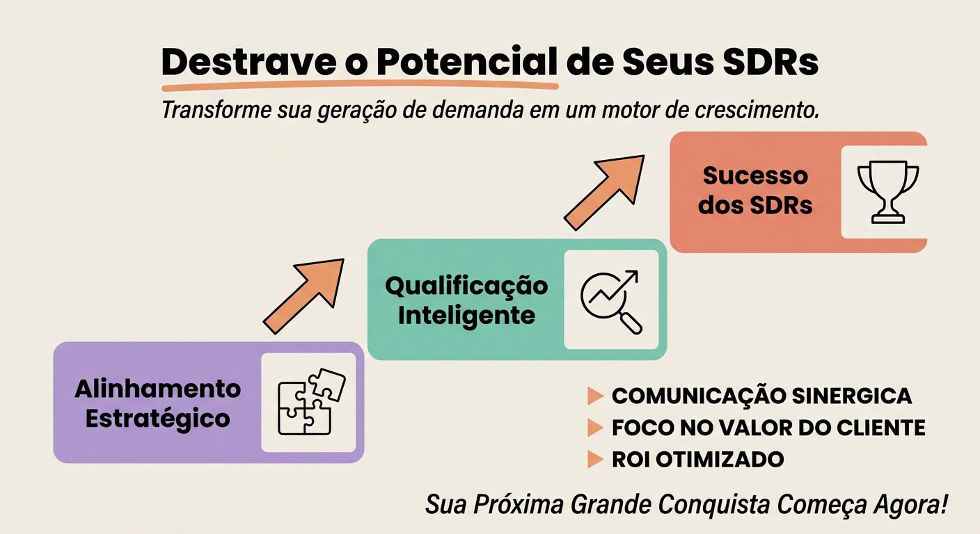 Infográfico educacional apresentando o caminho para "Destravar o Potencial de Seus SDRs" através de alinhamento estratégico e qualificação inteligente, resultando em sucesso e crescimento otimizado.
