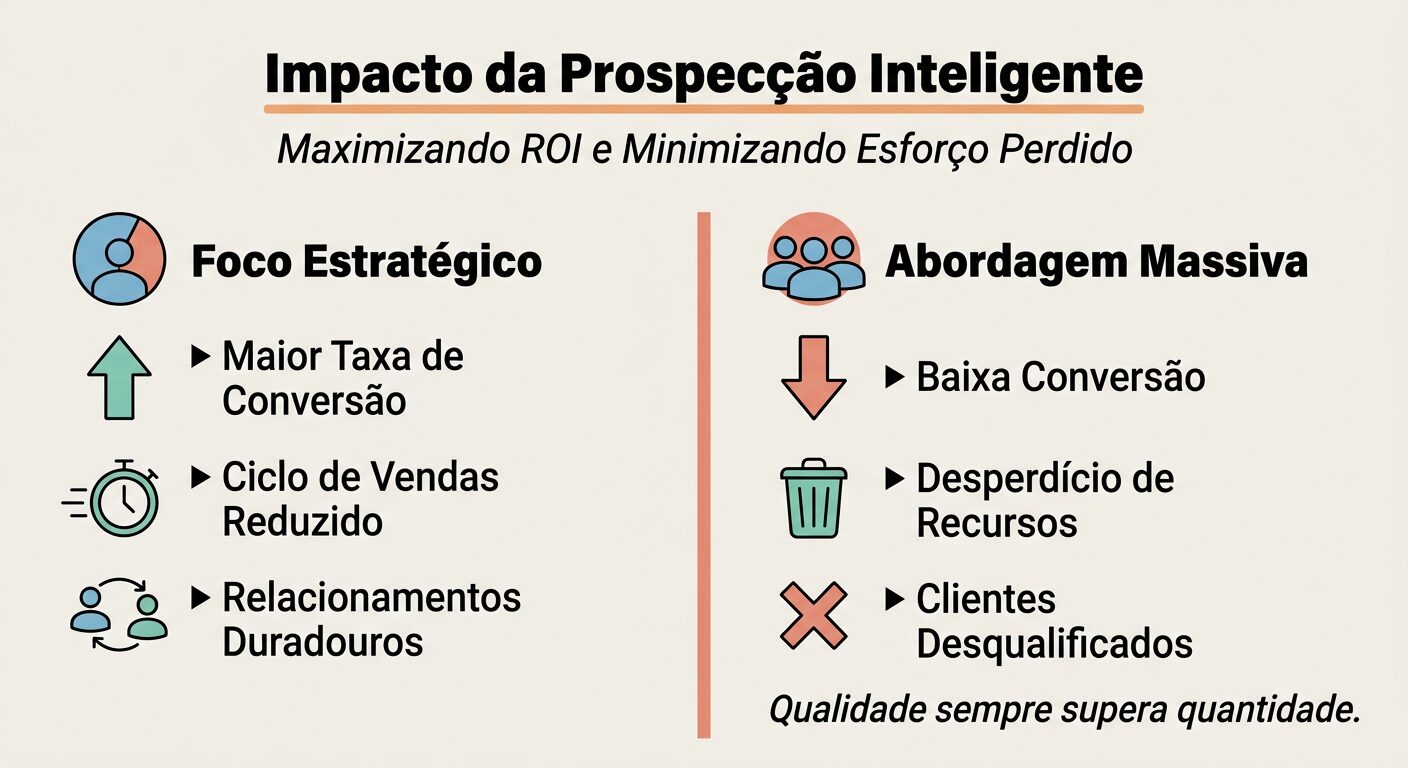 Infográfico comparativo mostrando o impacto da prospecção estratégica B2B (maior conversão, ciclos reduzidos) versus a abordagem massiva (baixa conversão, desperdício de recursos).