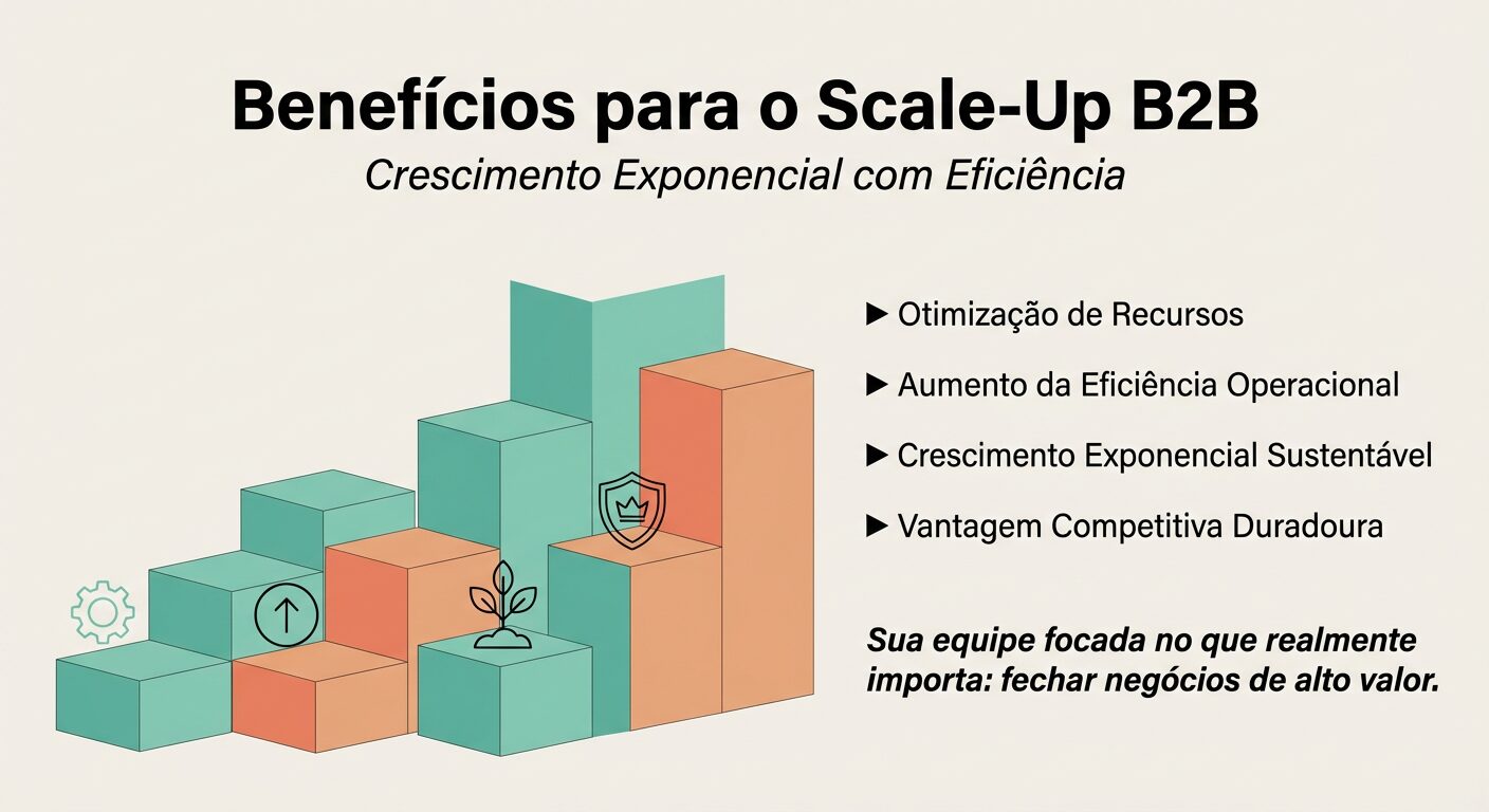 Infográfico ilustrando os benefícios da automação inteligente para scale-ups B2B, com um visual de crescimento em escada e pontos como otimização de recursos, aumento de eficiência e vantagem competitiva.