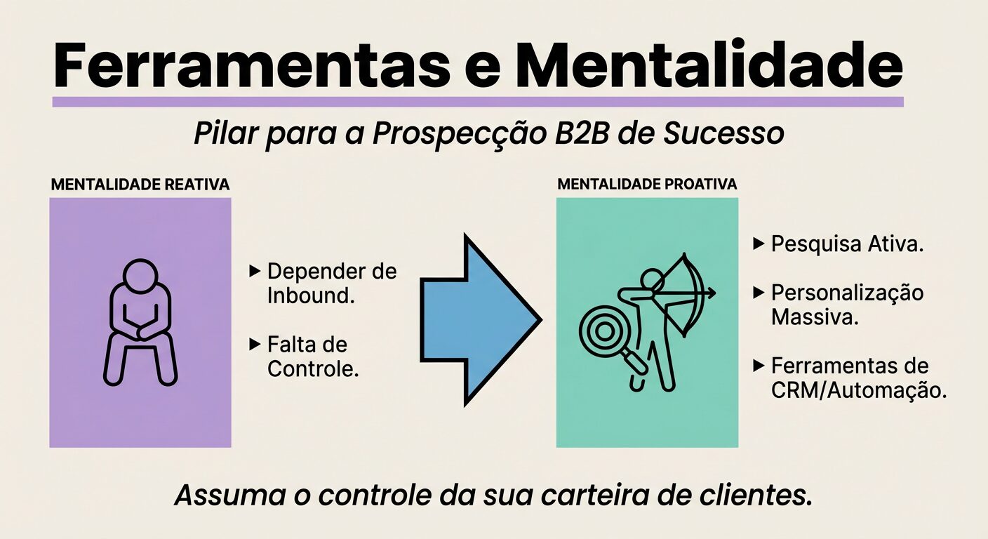 Infográfico comparando a 'Mentalidade Reativa' com a 'Mentalidade Proativa' para prospecção B2B. A seção reativa mostra uma pessoa passiva com 'Depender de Inbound' e 'Falta de Controle'. A seção proativa mostra uma pessoa ativa com 'Pesquisa Ativa', 'Personalização Massiva' e 'Ferramentas de CRM/Automação'. Uma seta aponta da reativa para a proativa. Título 'Ferramentas e Mentalidade'.