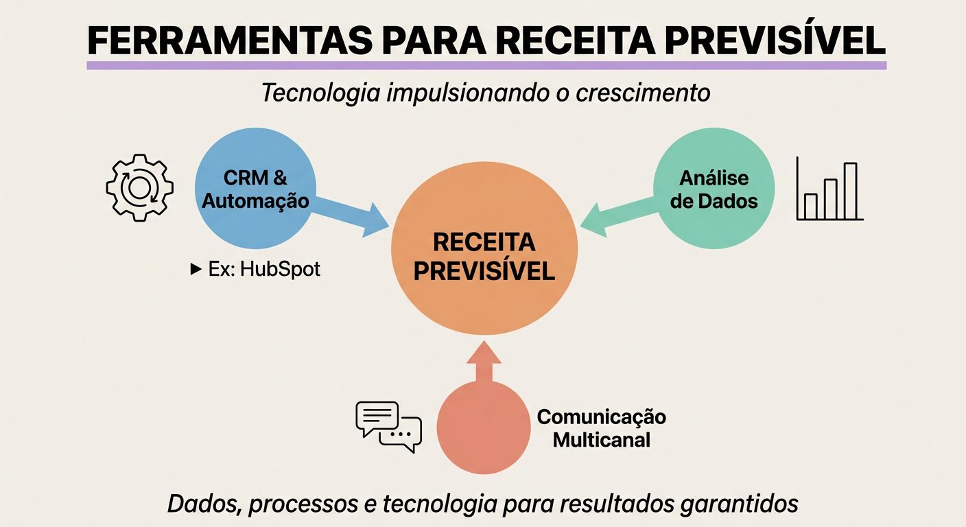 Infográfico sobre as ferramentas essenciais para Receita Previsível, destacando CRM (com exemplo HubSpot), automação, análise de dados e comunicação multicanal conectadas a um círculo central de 'Receita Previsível'.