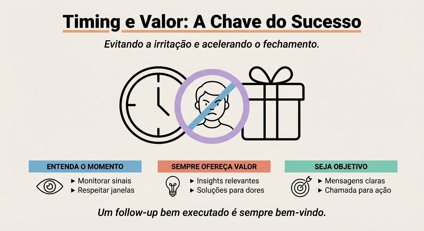 Um infográfico educativo com fundo off-white. O título é 'Timing e Valor: A Chave do Sucesso' com subtítulo *Evitando a irritação e acelerando o fechamento.* Grandes ícones de relógio e presente estão no centro, com um sinal de proibido sobre uma pessoa irritada. Três blocos de texto coloridos abaixo explicam: 'ENTENDA O MOMENTO' (azul), 'SEMPRE OFEREÇA VALOR' (salmão) e 'SEJA OBJETIVO' (verde-água), cada um com bullet points e um ícone. A frase de impacto é: *Um follow-up bem executado é sempre bem-vindo.*