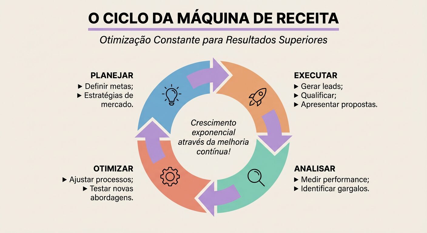 Infográfico que representa o ciclo contínuo de otimização da máquina de receita B2B, com etapas de planejar, executar, analisar e otimizar, visando o crescimento e melhoria constante dos resultados de vendas.