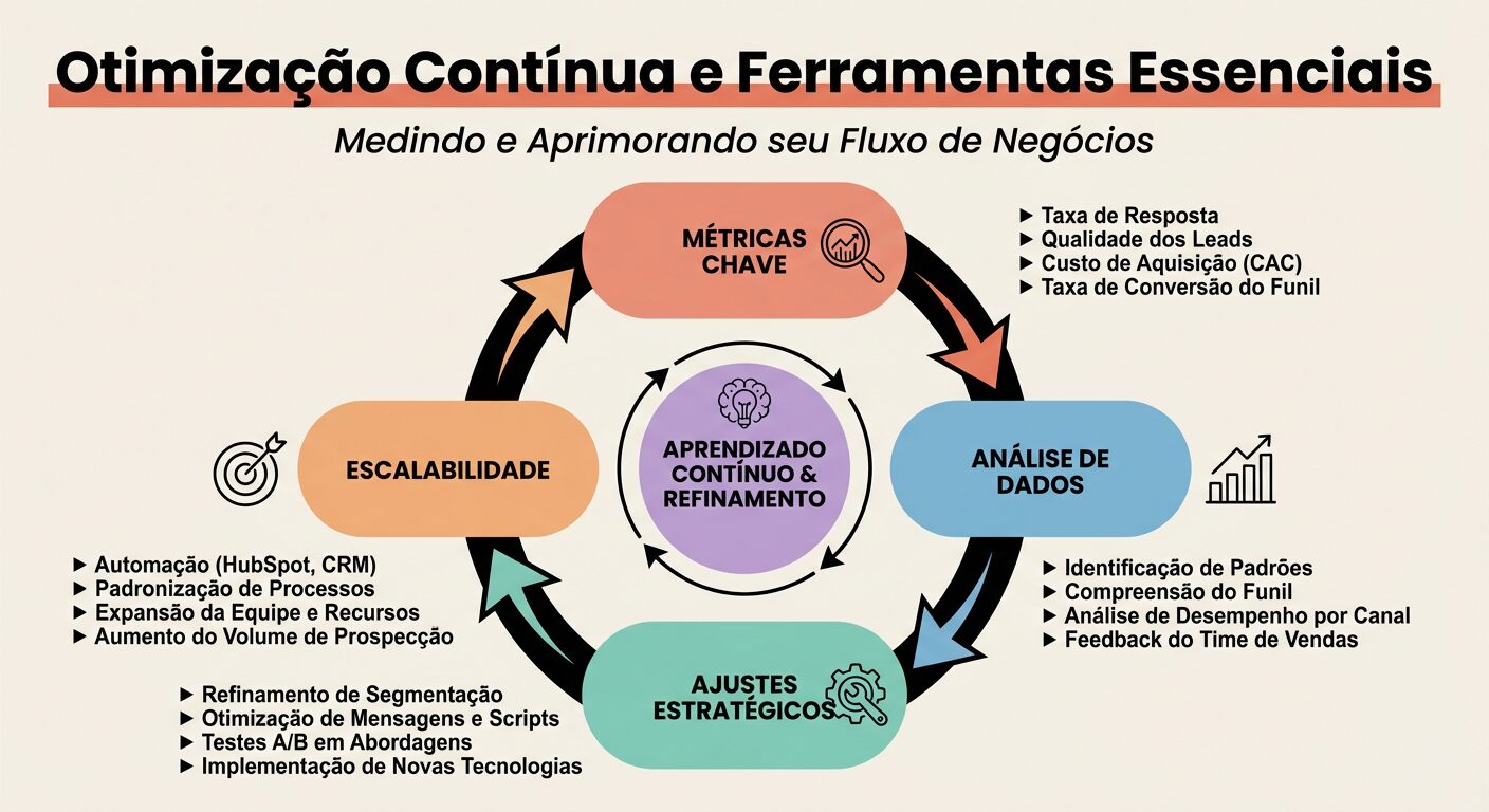 Infográfico educativo em fundo off-white sobre otimização contínua na prospecção B2B, com um ciclo de medição e aprimoramento, usando métricas e ferramentas essenciais como HubSpot.