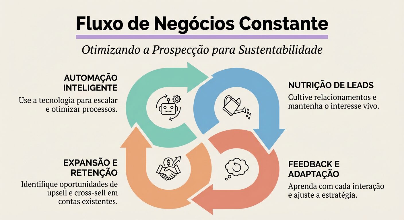 Infográfico em formato de ciclo intitulado "Fluxo de Negócios Constante", destacando estratégias para otimizar a prospecção e garantir sustentabilidade, incluindo Nutrição de Leads, Feedback e Adaptação, Expansão e Retenção, e Automação Inteligente, com setas indicando continuidade e cores vibrantes sobre um fundo off-white.