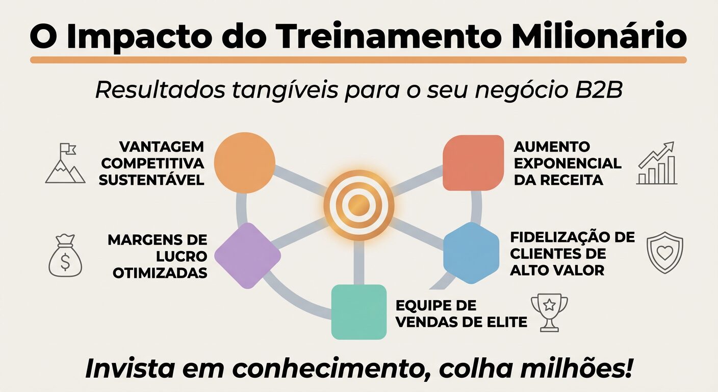 Infográfico educacional sobre o impacto do treinamento milionário em vendas B2B, mostrando benefícios como aumento de receita, fidelização de clientes, equipe de vendas de elite e margens de lucro otimizadas.