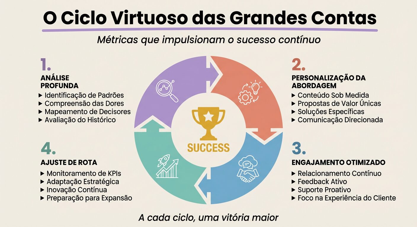 Infográfico com o título 'O Ciclo Virtuoso das Grandes Contas', apresentando um diagrama de fluxo circular em quatro etapas: Análise Profunda, Estratégia Focada, Execução Precisa e Otimização Constante, com um troféu dourado no centro simbolizando o sucesso contínuo impulsionado por métricas.