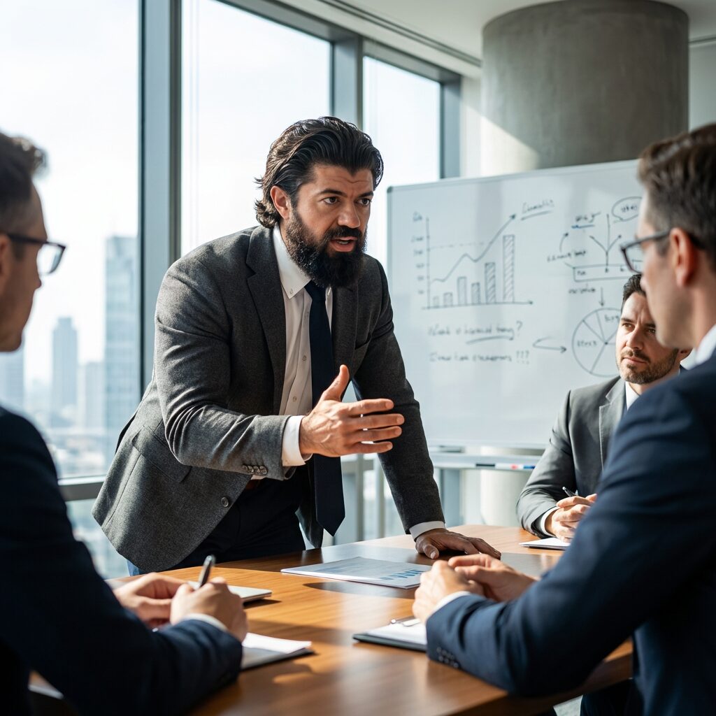 Alex Hormozi, empresário e autor de '100 Million Dollar Offers', em um cenário profissional, representando a mentalidade estratégica em vendas B2B.