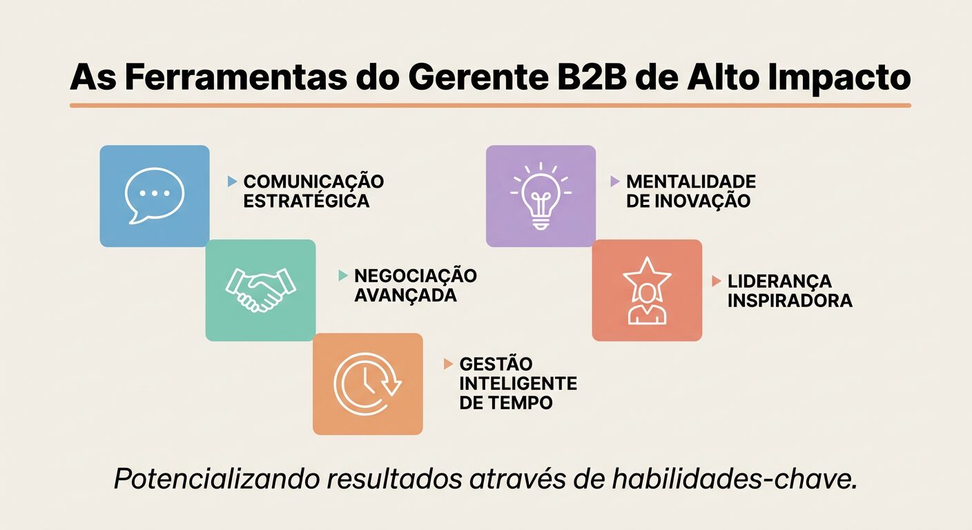 Infográfico educacional que ilustra as ferramentas e habilidades essenciais de um gerente B2B de alto impacto, incluindo Comunicação Estratégica, Negociação Avançada, Gestão Inteligente de Tempo, Mentalidade de Inovação e Liderança Inspiradora. Título: As Ferramentas do Gerente B2B de Alto Impacto.