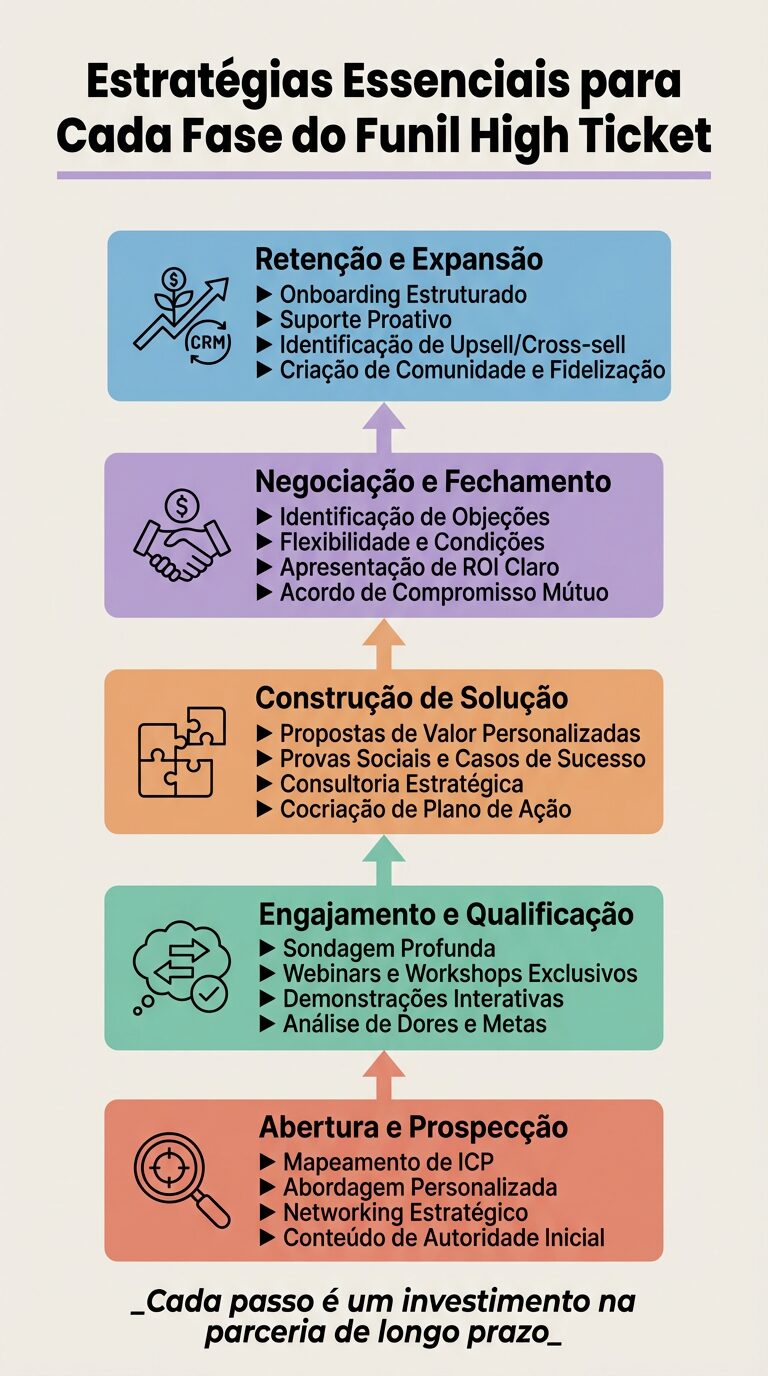 Um infográfico detalhado que mapeia as etapas cruciais e estratégias específicas do funil de vendas high ticket B2B, desde a prospecção até a conversão e retenção.