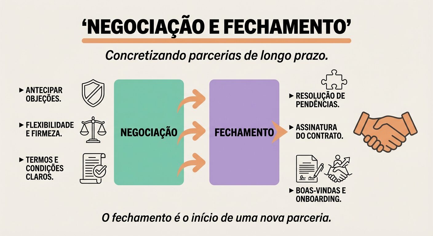 Infográfico educativo sobre as etapas finais do funil de vendas de alto valor, cobrindo negociação eficaz e o fechamento de contratos milionários, incluindo a superação de objeções e o início da parceria.