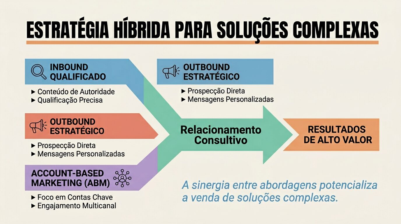Infográfico educativo sobre a estratégia híbrida para vendas de soluções complexas. Mostra um fluxo central de 'Relacionamento Consultivo' alimentado por 'INBOUND QUALIFICADO', 'OUTBOUND ESTRATÉGICO' e 'ACCOUNT-BASED MARKETING (ABM)', culminando em 'RESULTADOS DE ALTO VALOR'. O título é 'ESTRATÉGIA HÍBRIDA PARA SOLUÇÕES COMPLEXAS' com a frase 'A sinergia entre abordagens potencializa a venda de soluções complexas.'