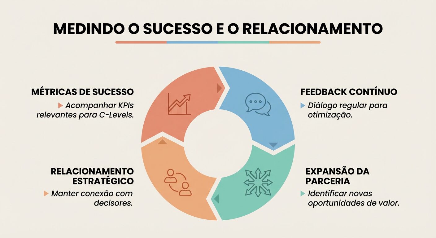 Infográfico educacional 'Medindo o Sucesso e o Relacionamento' mostrando um ciclo contínuo de engajamento pós-venda para C-Levels, com etapas como Métricas de Sucesso, Feedback Contínuo, Expansão da Parceria e Relacionamento Estratégico, ilustrado com ícones e texto em português sobre um fundo off-white.