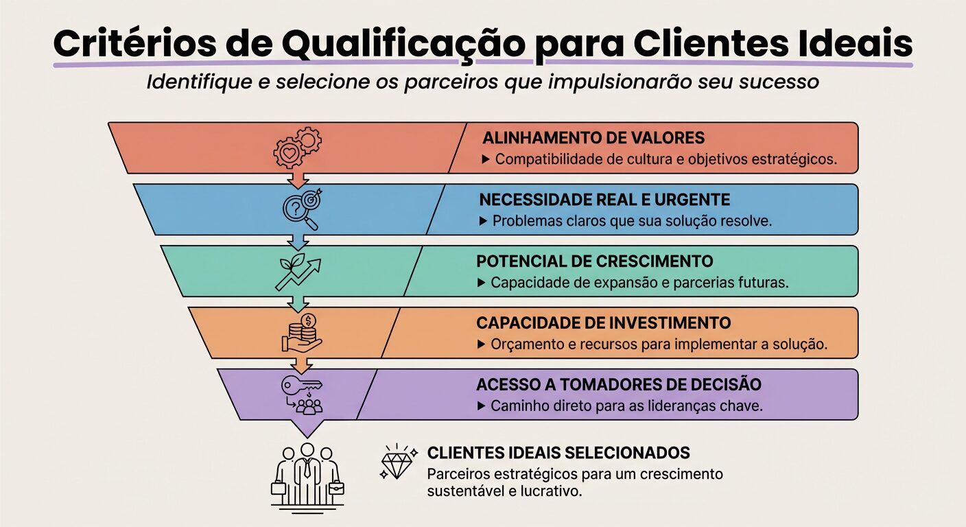 Infográfico representando critérios de qualificação com um funil ou blocos filtrantes em cores vibrantes (salmão, azul, água, laranja, lilás) sobre fundo off-white. Título 'Critérios de Qualificação para Clientes Ideais'. Cada critério, como 'ALINHAMENTO DE VALORES' e 'CAPACIDADE DE INVESTIMENTO', é listado com bullet points descritivos, guiando a seleção de clientes.