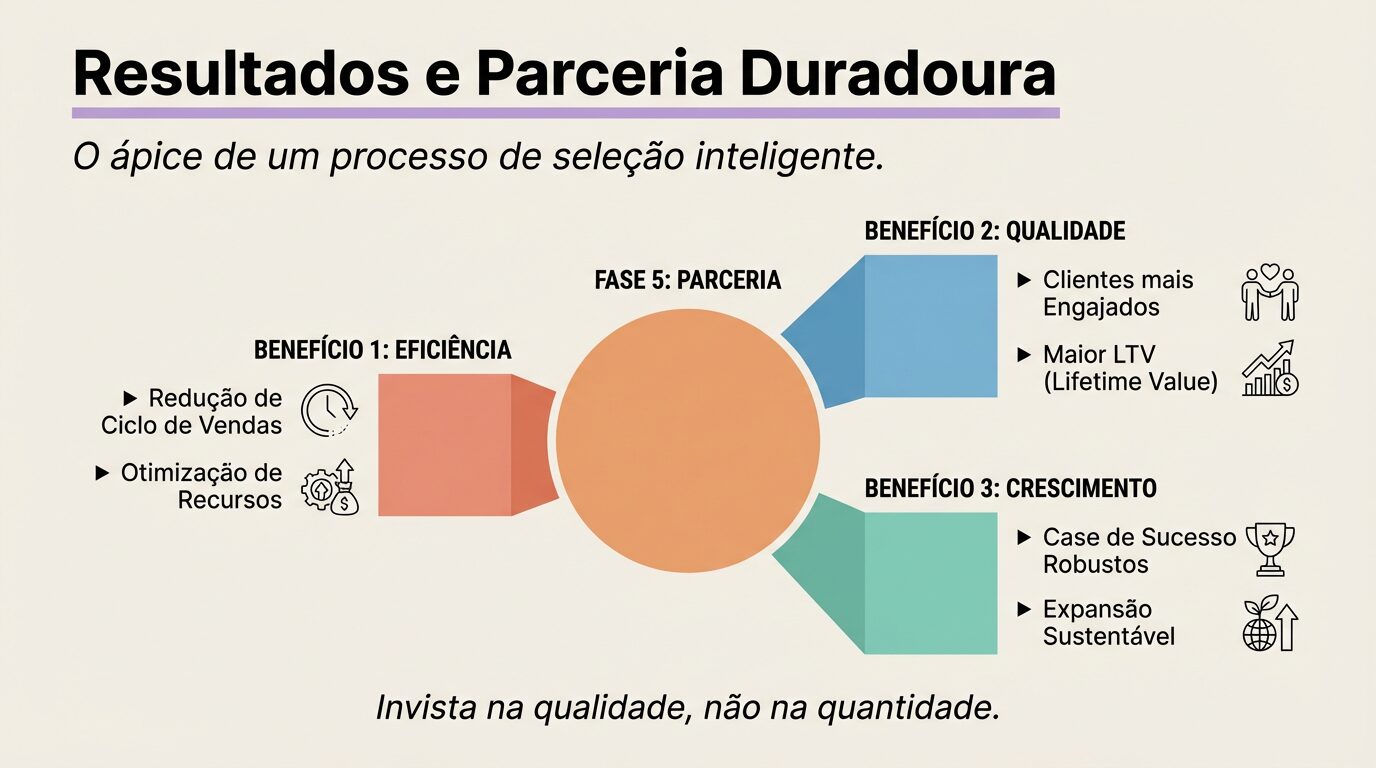Infográfico educativo em tons pastel, com o título "Resultados e Parceria Duradoura" e subtítulo "O ápice de um processo de seleção inteligente". Apresenta uma grande esfera central de "Parceria" e três blocos laterais detalhando os benefícios: Eficiência, Qualidade e Crescimento, com bullet points e ícones simples, em português.