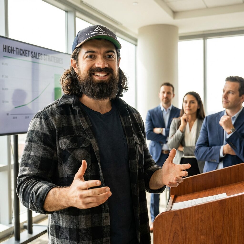 Foto realista de Alex Hormozi, um empresário e autor americano conhecido por suas estratégias de vendas de alto valor e construção de negócios. Ele aparece confiante e profissional, ideal para ilustrar conceitos de vendas B2B e relacionamento.