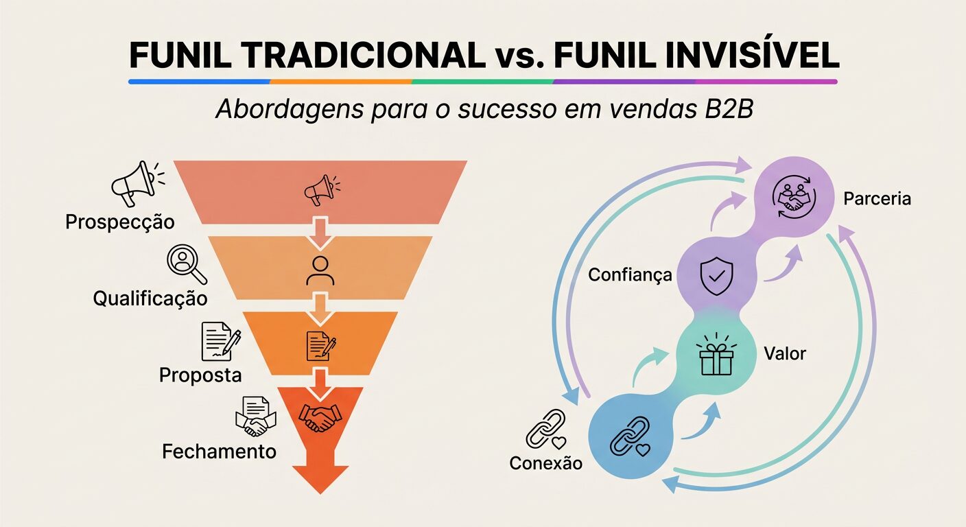 Infográfico comparando o 'Funil Tradicional' de vendas com o 'Funil Invisível'. O funil tradicional mostra etapas como prospecção e fechamento, enquanto o invisível destaca conexão, valor, confiança e parceria, usando cores e formas distintas.