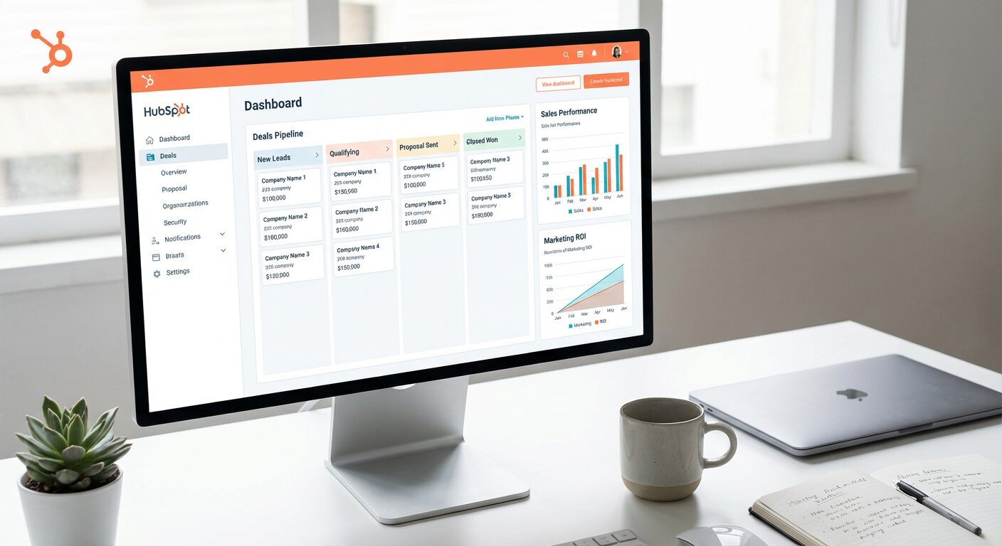 Foto editorial representando a plataforma HubSpot, com uma interface de CRM ou automação de marketing moderna e limpa, sugerindo eficiência e soluções tecnológicas para vendas B2B. A imagem transmite inovação e profissionalismo.