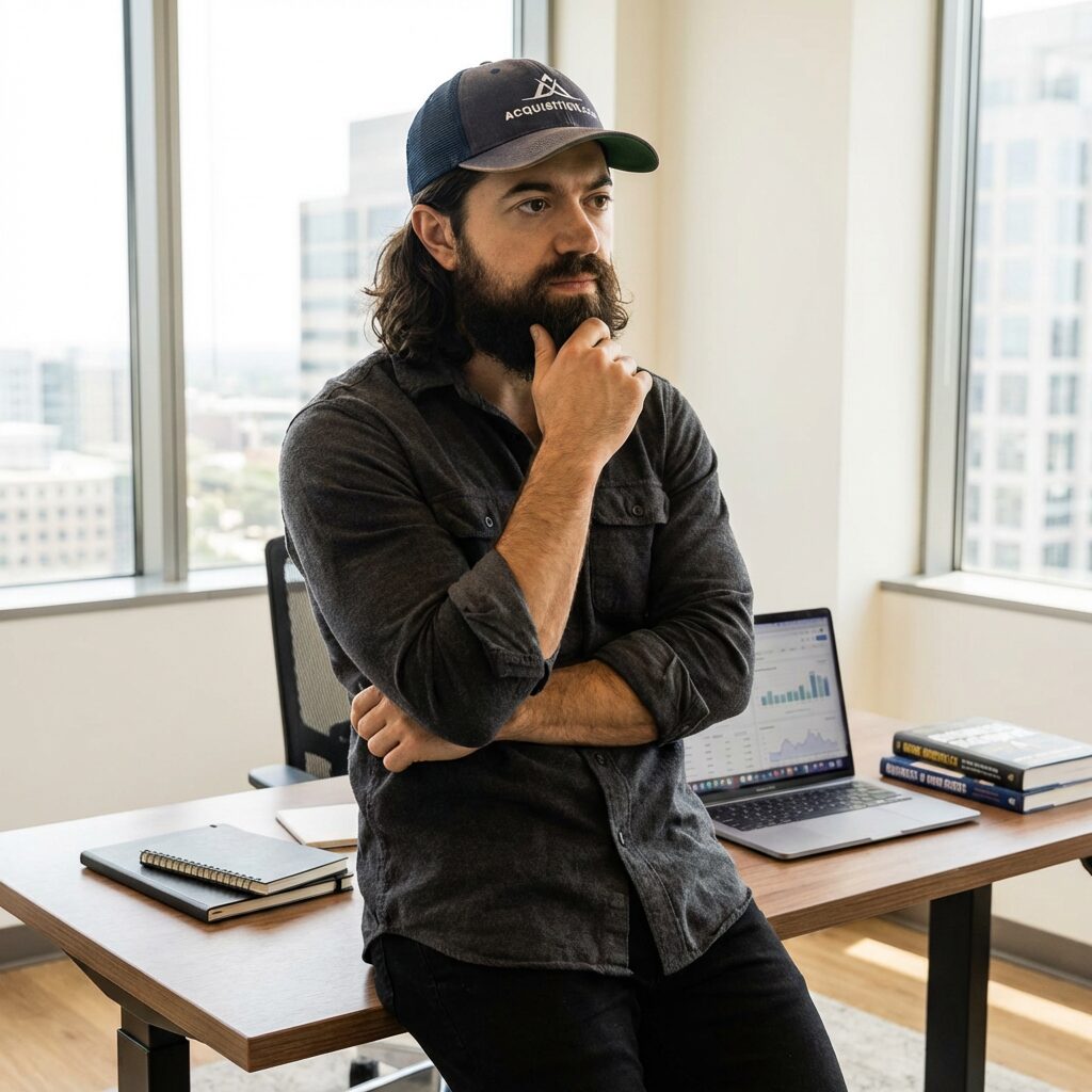 Uma foto editorial realista de Alex Hormozi, pensador e estrategista de negócios, em um ambiente profissional que sugere inovação e sucesso no cenário B2B.